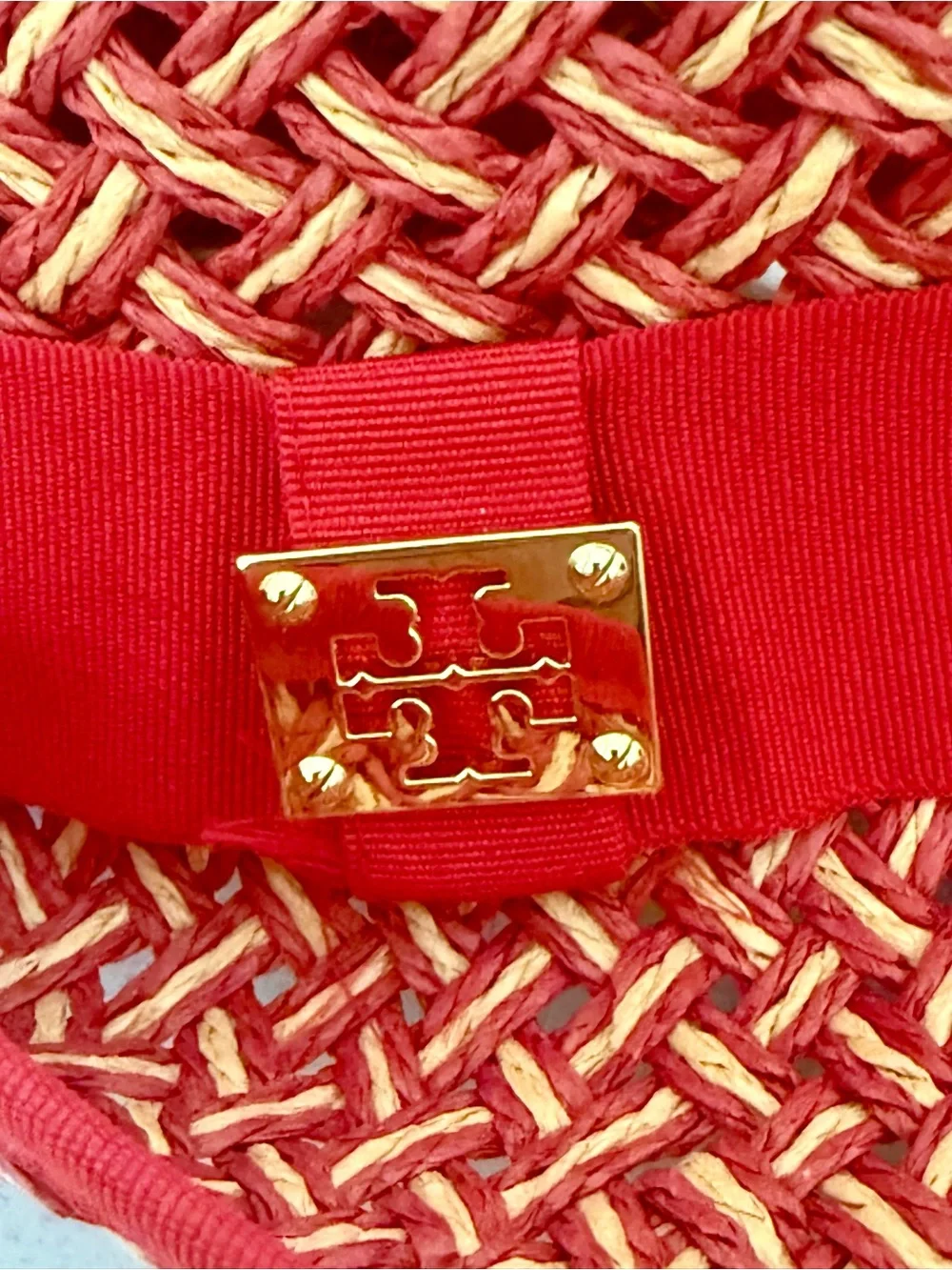 Tory Burch Lobster Red and Natural Woven Straw Fedora with Red Ribbon